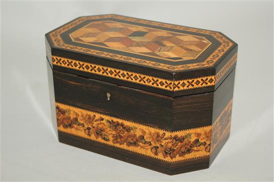 A Victorian Tunbridge ware and ebony tea caddy, by Thomas Barton, 7.75in.